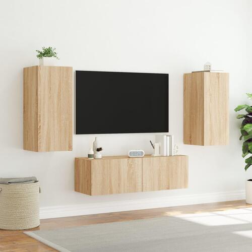Væghængt tv-møbel 3 dele med LED-lys sonoma-eg