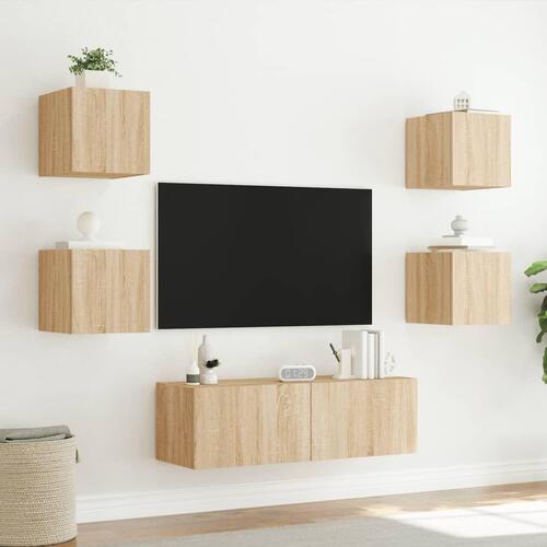 Væghængt tv-møbel 5 dele med LED-lys sonoma-eg