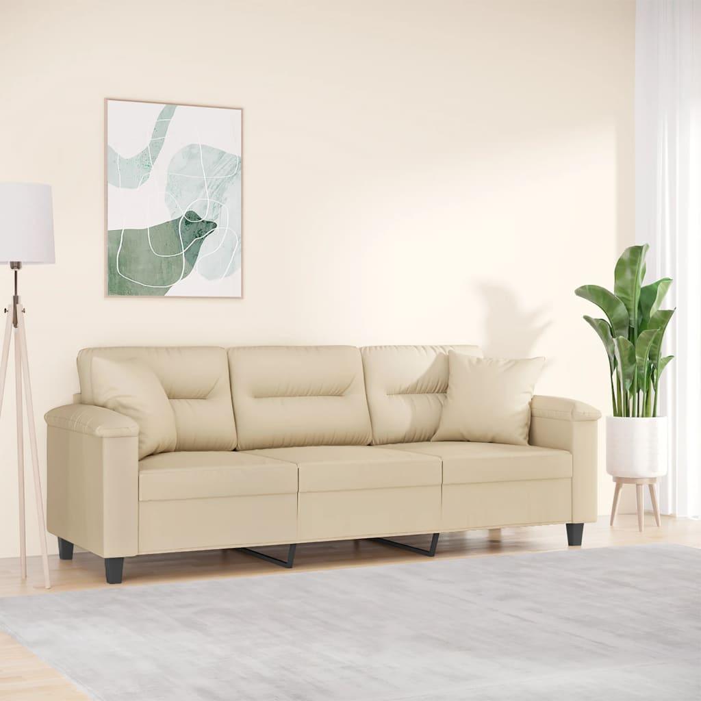 3-personers sofa med puder 180 cm mikrofiberstof cremefarvet billede