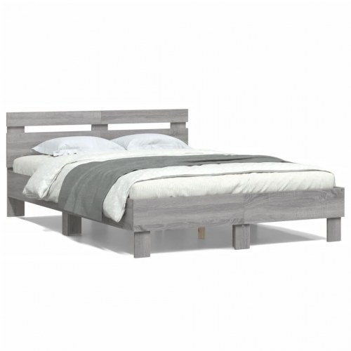 Sengeramme med sengegavl 135×190 cm - konstrueret træ, grå sonoma