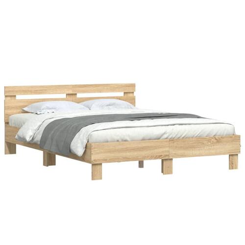 Sengeramme med sengegavl og LED-lys 140x200 cm sonoma-eg