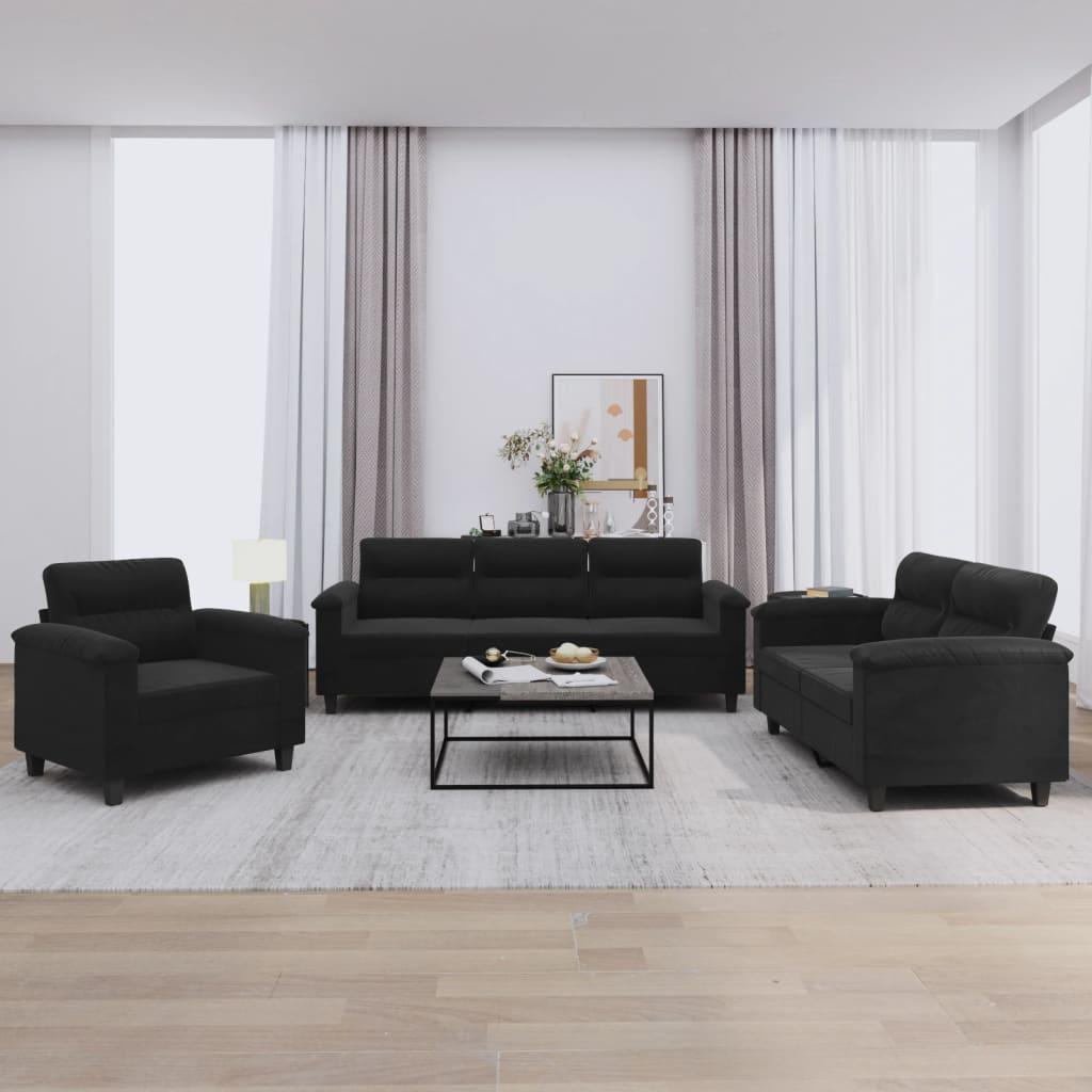 3 personers sofa med hynder mikrofiberstof sort