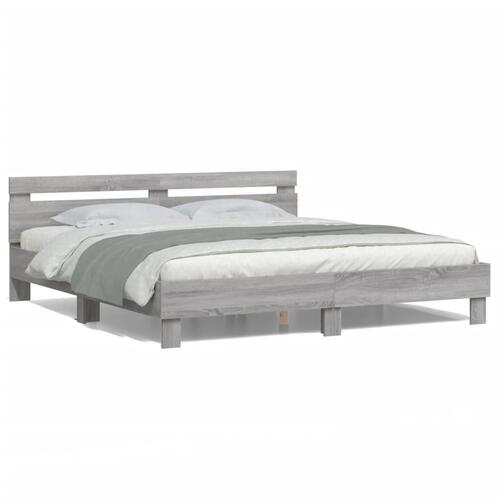 Sengeramme med sengegavl og LED-lys 200x200 cm grå sonoma-eg