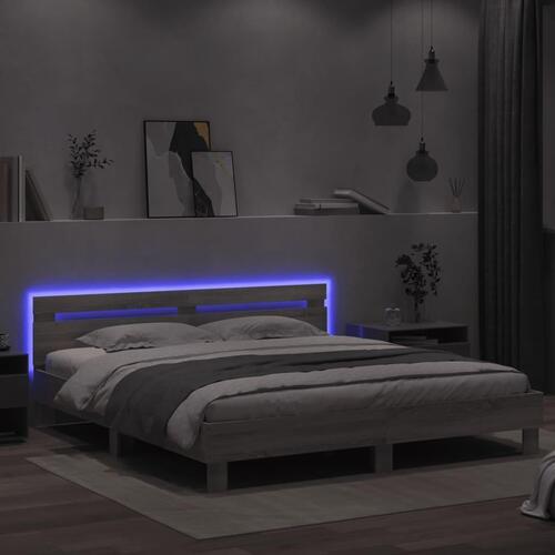 Sengeramme med sengegavl og LED-lys 200x200 cm grå sonoma-eg