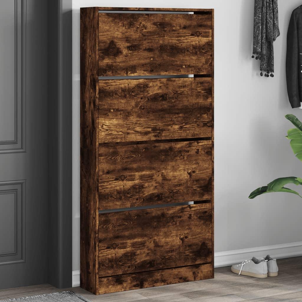 Skoskab med 4 vippeskuffer 80x21x163,5 cm røget eg