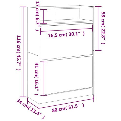 Skoskab med 2 vippeskuffer 80x34x116 cm røget egetræsfarve