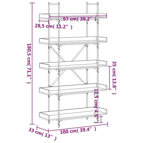 Bogreol 100x33x180,5 cm 5 hylder konstrueret træ brunt eg
