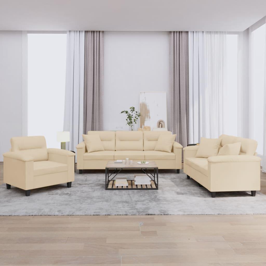 Sofasæt 3 dele med puder mikrofiberstof cremefarvet billede