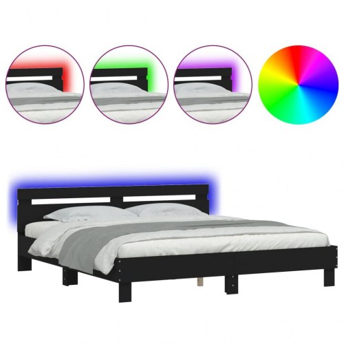Sengeramme med sengegavl og LED-lys 200x200 cm - sort