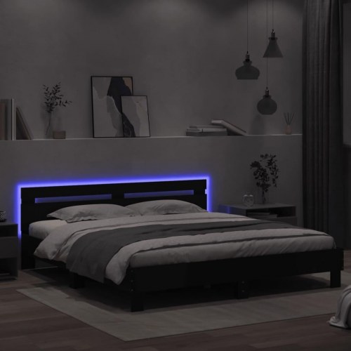 Sengeramme med sengegavl og LED-lys 200x200 cm - sort