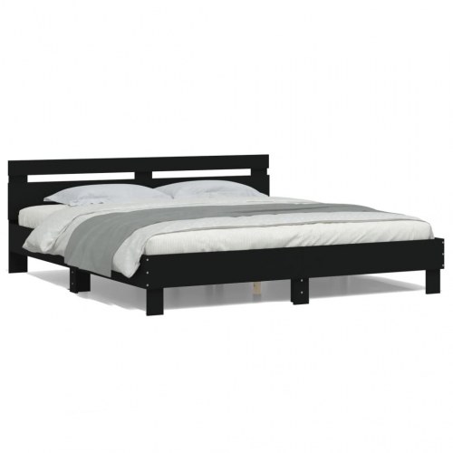 Sengeramme med sengegavl og LED-lys 160×200 cm - sort