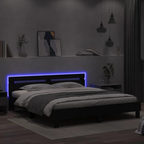 Sengeramme med sengegavl og LED-lys 160×200 cm - sort