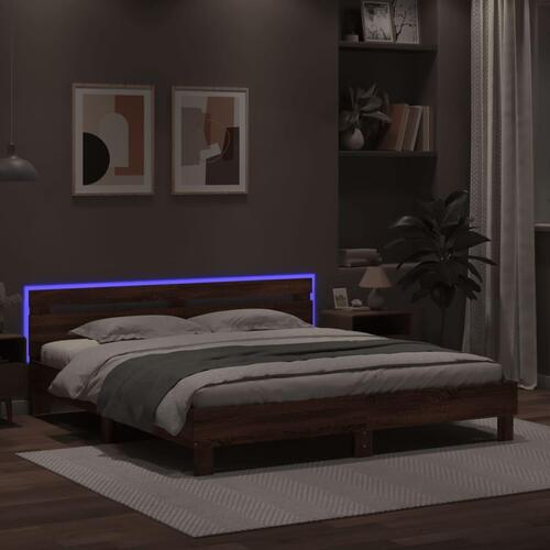 Sengeramme med sengegavl og LED-lys 160x200 cm brunt egetræ