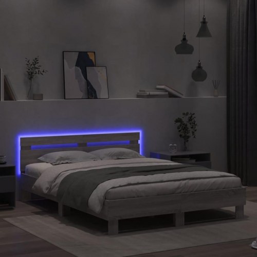 Sengeramme med sengegavl og LED-lys 150x200 cm - grå sonoma-eg
