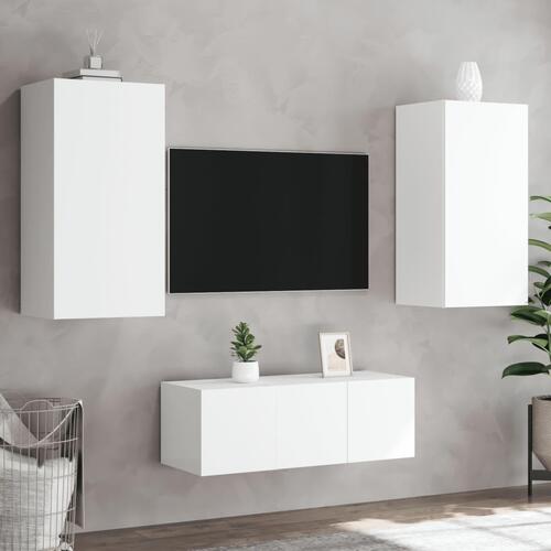Tv-møbel til væg 4 dele med LED-lys konstrueret træ hvid