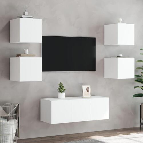 Tv-møbel til væg 6 dele med LED-lys konstrueret træ hvid