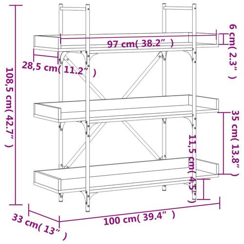 Bogreol med 3 hylder 100x33x108,5 cm konstrueret træ røget eg