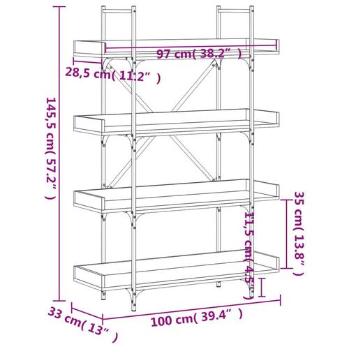 Bogreol med 4 hylder 100x33x145,5 cm konstrueret træ brunt eg