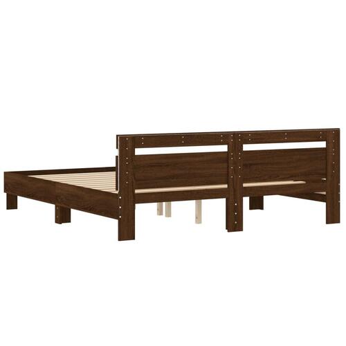 Sengeramme med sengegavl og LED-lys 200x200 cm brunt egetræ