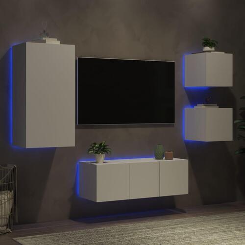 Tv-møbel til væg 5 dele med LED-lys konstrueret træ hvid