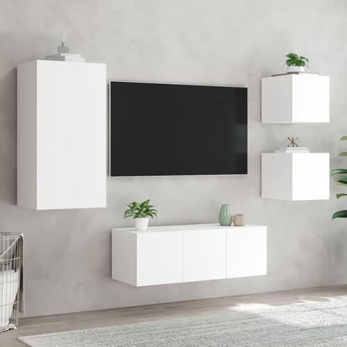 Tv-møbel til væg 5 dele med LED-lys konstrueret træ hvid