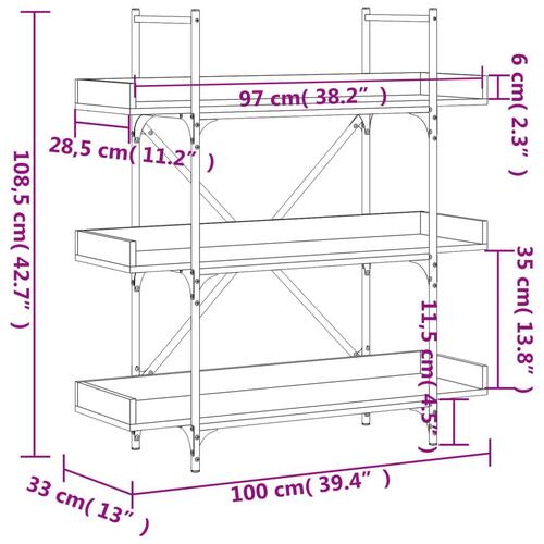 Bogreol med 3 hylder 100x33x108,5 cm konstrueret træ sonoma-eg