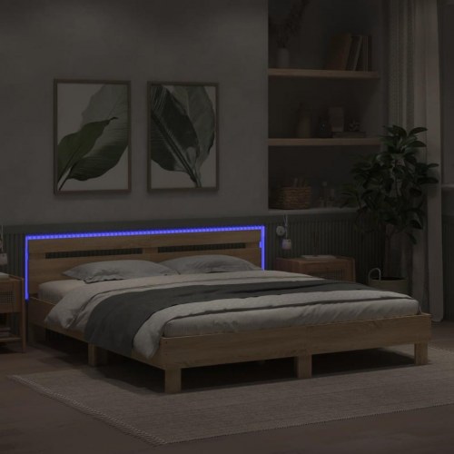 Sengeramme med sengegavl og LED-lys 200x200 cm - sonoma-eg