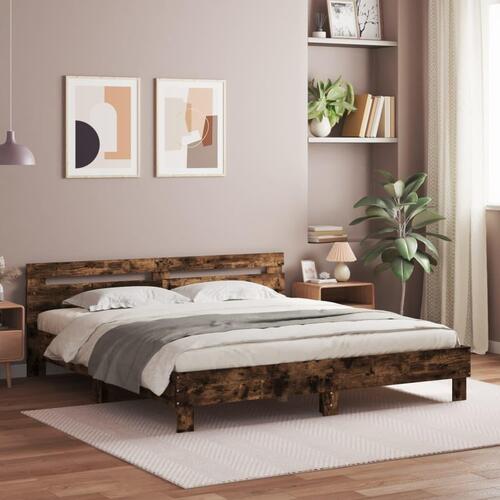 Sengeramme med sengegavl og LED-lys 200x200 cm røget egetræ