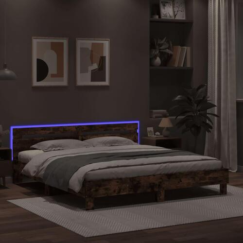 Sengeramme med sengegavl og LED-lys 200x200 cm røget egetræ