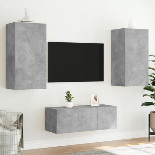 Tv-møbel til væg 4 dele med LED-lys konstrueret træ betongrå