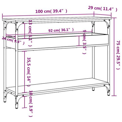 Konsolbord med hylde 100x29x75 cm konstrueret træ brunt egetræ