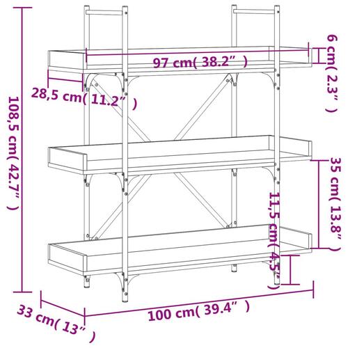 Bogreol med 3 hylder 100x33x108,5 cm konstrueret træ sort