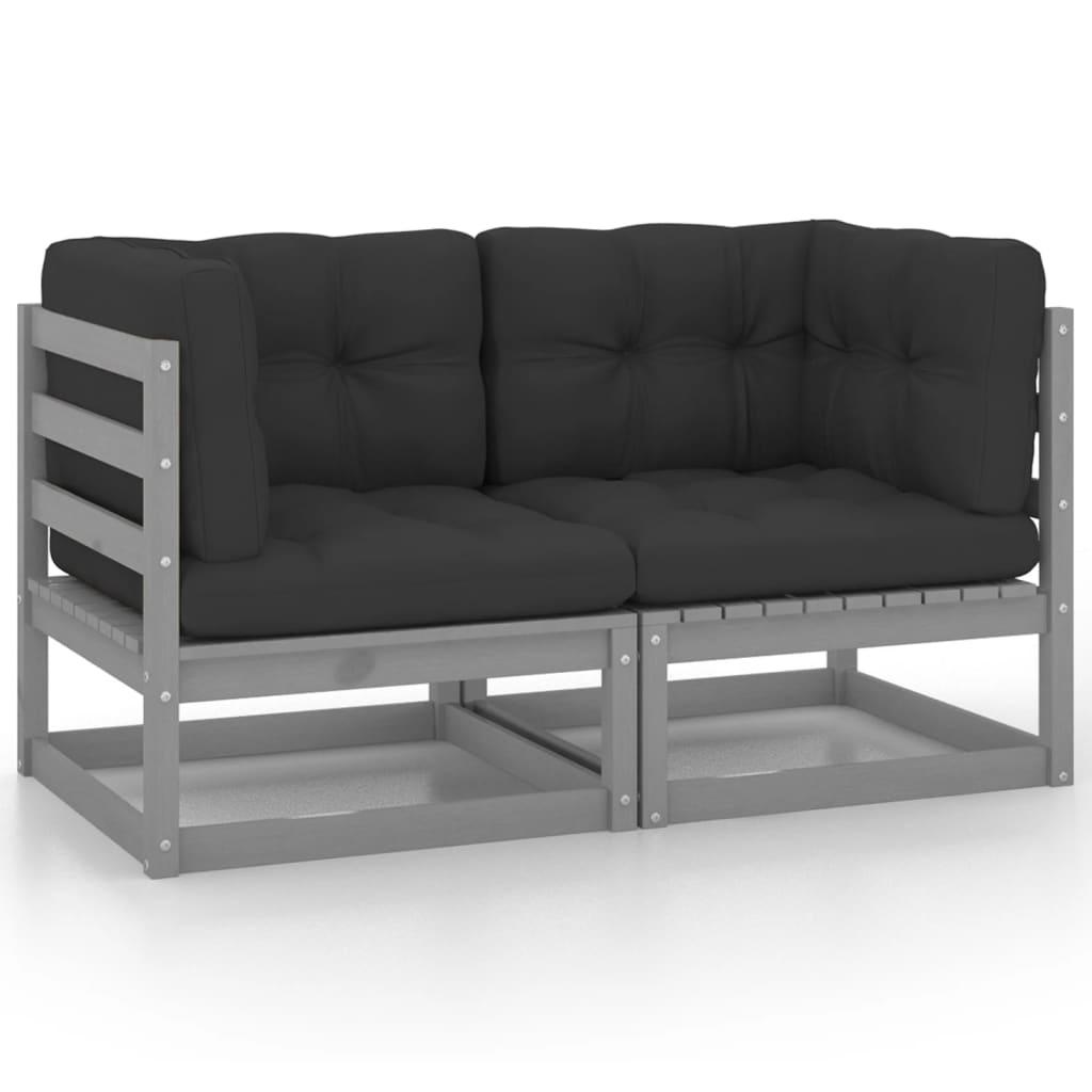 2-personers havesofa med hynder massivt fyrretræ grå