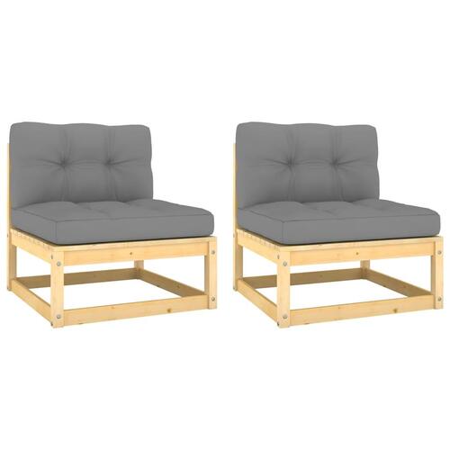 Midterdele til havesofa med grå hynder 2 stk. massivt fyrretræ