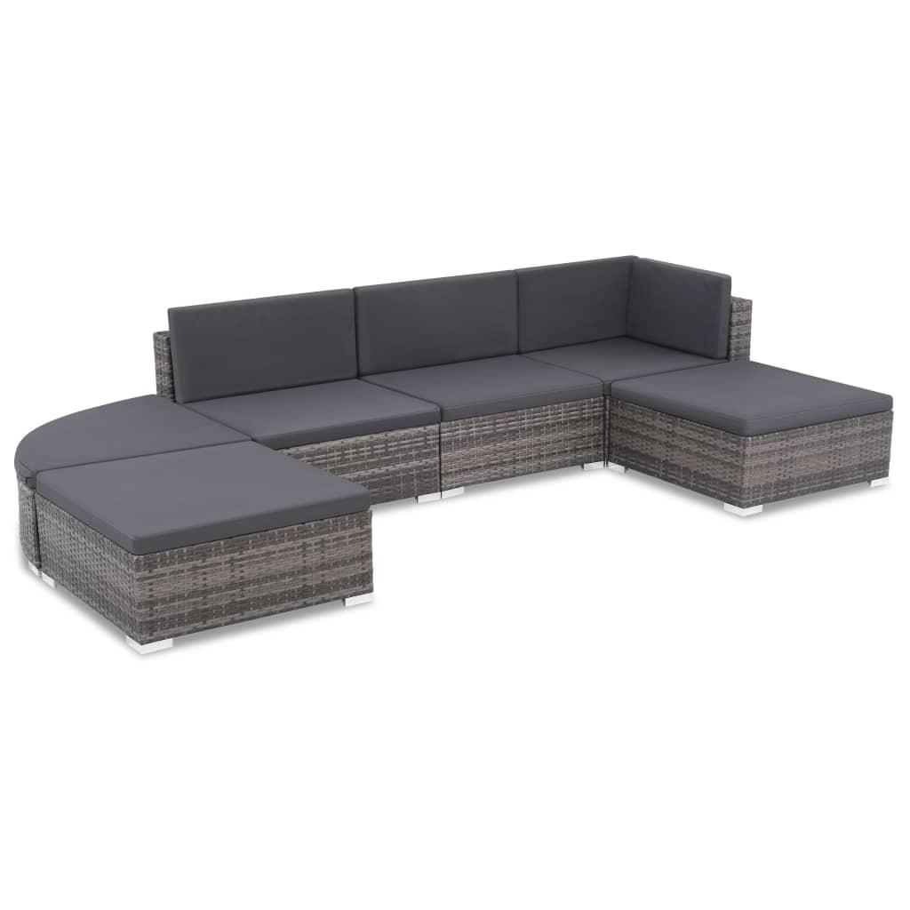 Loungesæt til haven 6 dele med hynder polyrattan grå