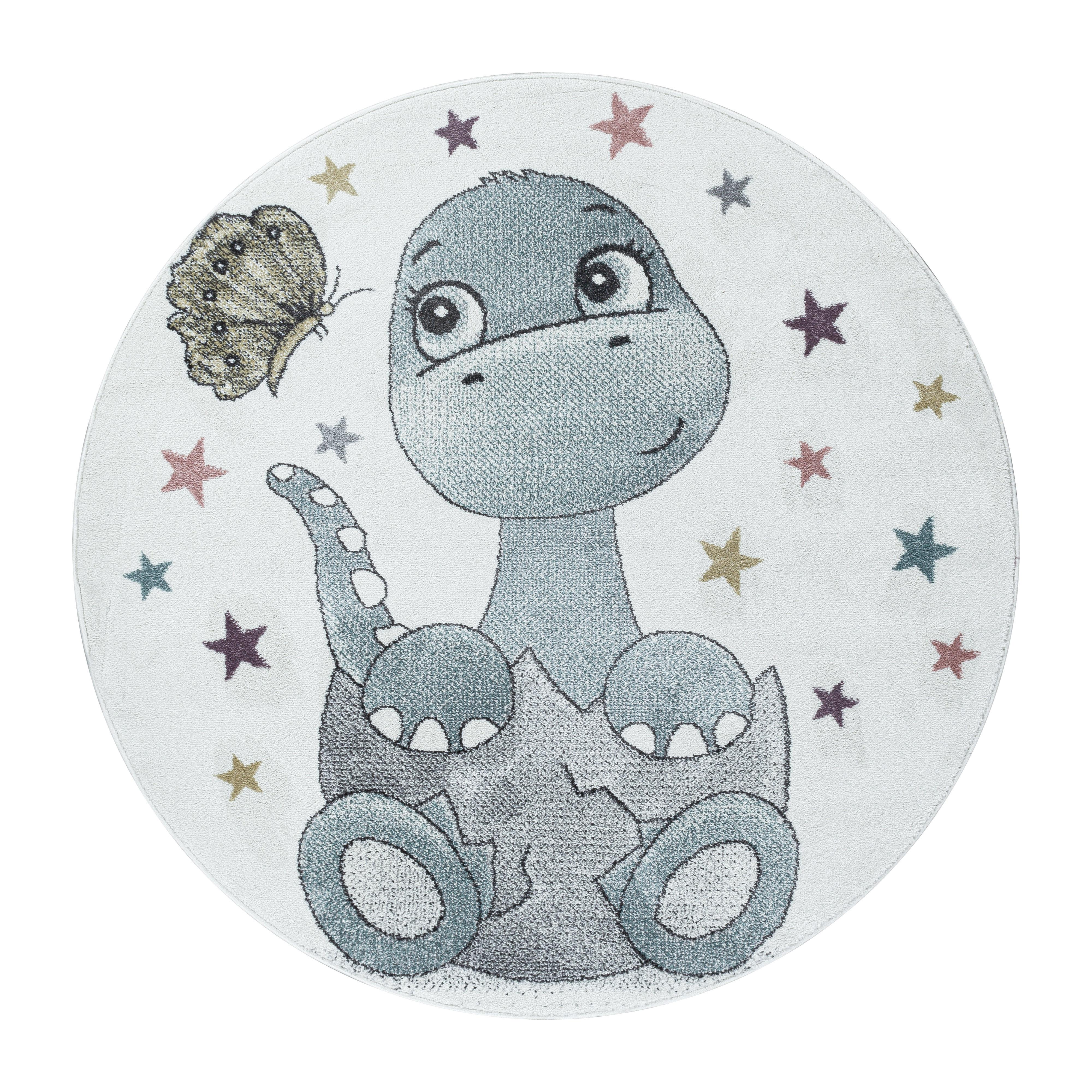 Funny Rund Børnetæppe Dinosaur - Blå - 120x120 (Rund)