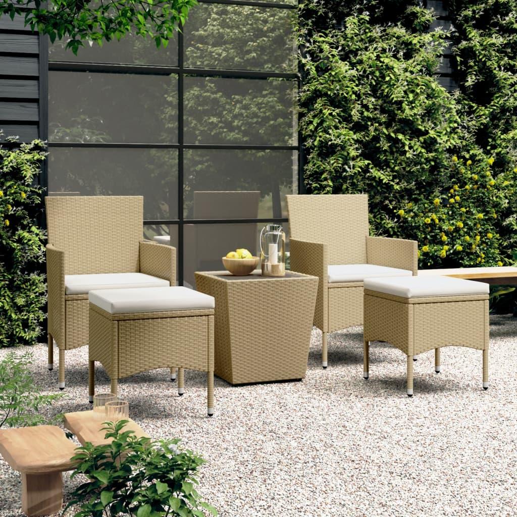Bistrosæt til haven 5 dele polyrattan og hærdet glas beige