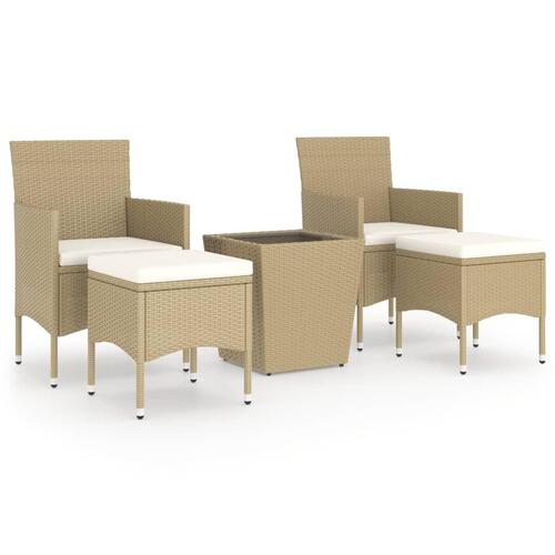 Bistrosæt til haven 5 dele polyrattan og hærdet glas beige