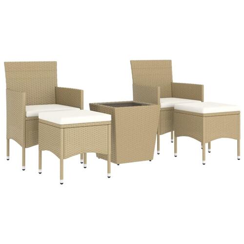 Bistrosæt til haven 5 dele polyrattan og hærdet glas beige
