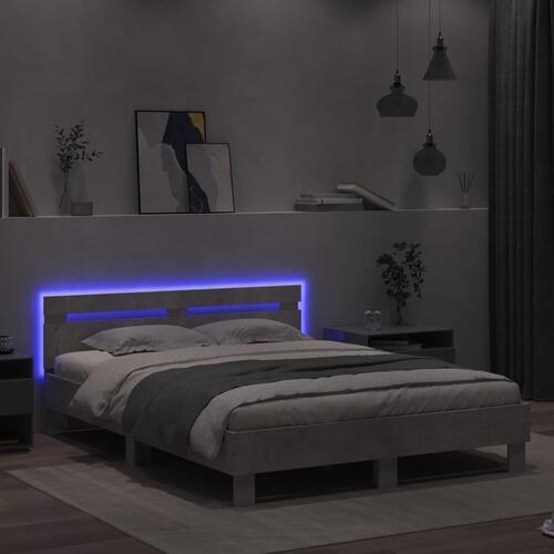 Sengeramme med sengegavl og LED-lys 150x200 cm betongrå
