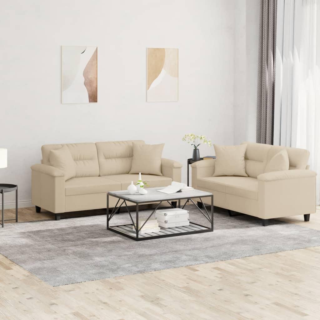 Sofasæt 2 dele med puder mikrofiberstof cremefarvet billede