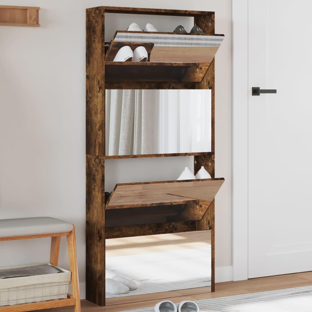 Skoskab med spejl 4 hylder 63x17x134 cm røget egetræ billede