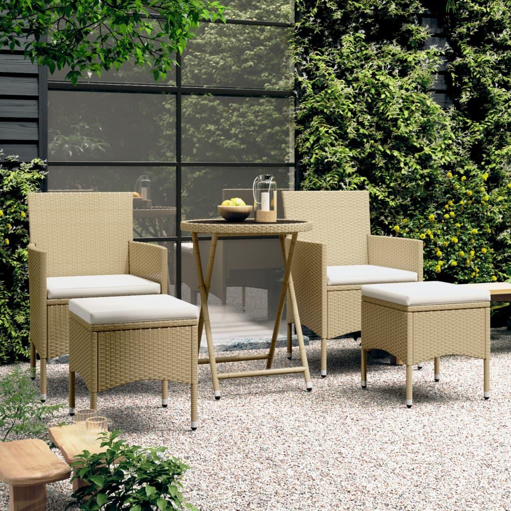 Bistrosæt til haven 5 dele polyrattan og hærdet glas beige