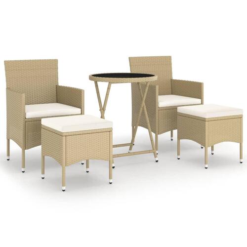 Bistrosæt til haven 5 dele polyrattan og hærdet glas beige