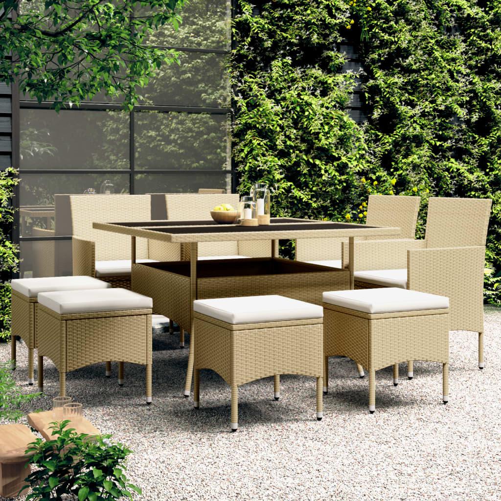 Spisebordssæt til haven 9 dele polyrattan beige