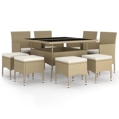 Spisebordssæt til haven 9 dele polyrattan beige