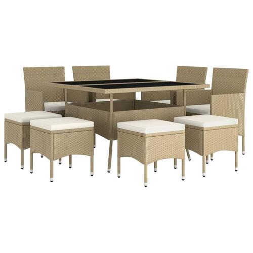 Spisebordssæt til haven 9 dele polyrattan beige