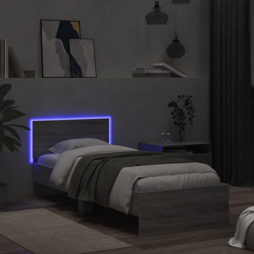 Sengeramme med sengegavl og LED-lys 90 x 200 cm - grå sonoma-eg