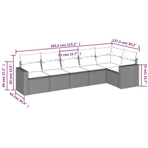 Sofasæt til haven 6 dele med hynder polyrattan grå