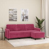 3-personers sofa med fodskammel 180 cm velour vinrød